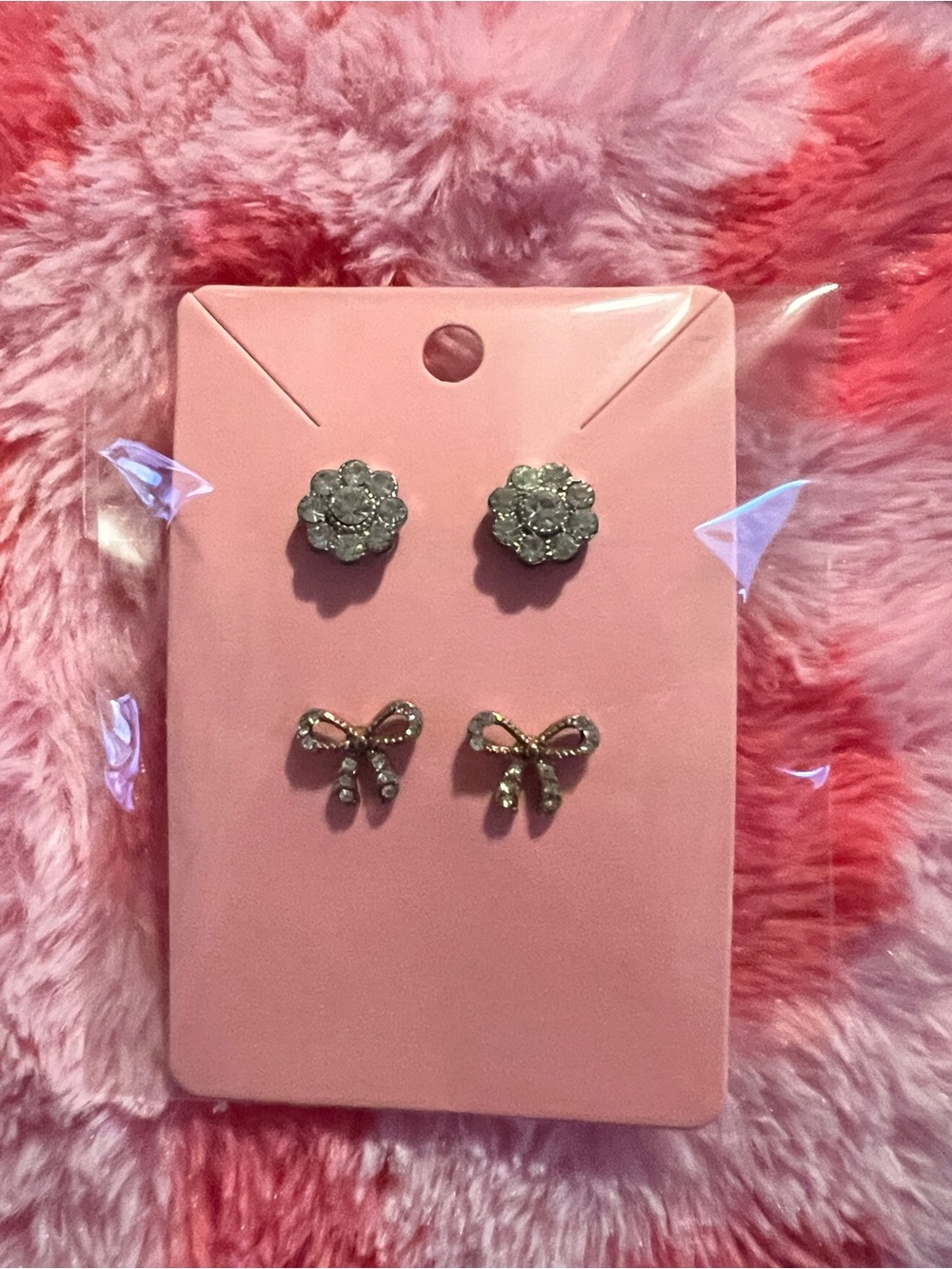 Rhinestone Flower & Bow Stud Earring Set - Pink Card